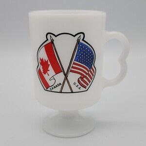 Vintage Footed Coffee Cup Two Finger Handle USA & Canada Flags Milk Glass Mug
